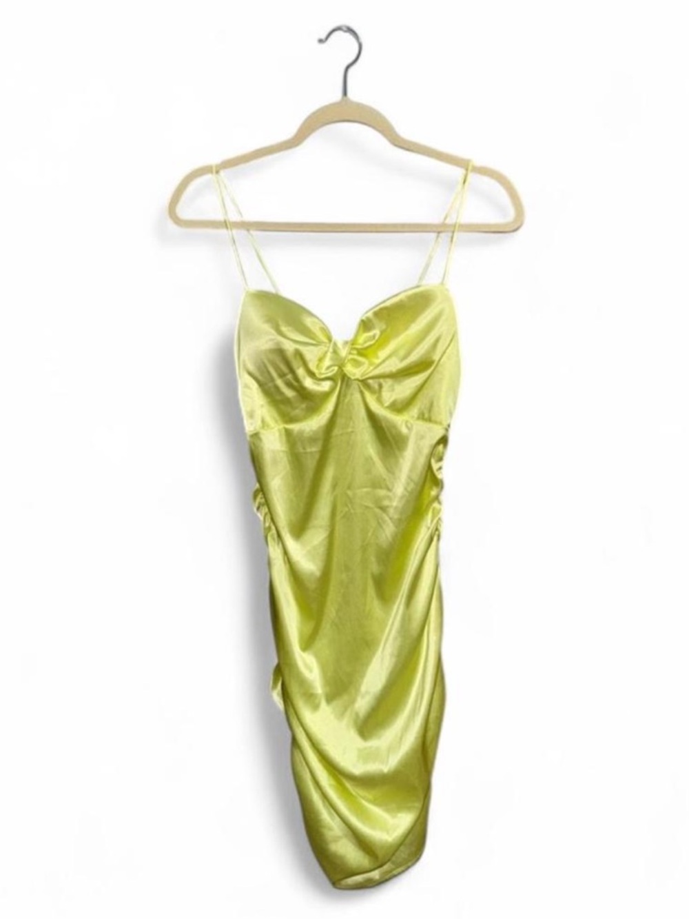 NWT Salty Bodycon Neon Yellow/Lime Ruched Mini Dress Women’s Size Medium